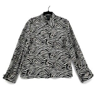 VTG Color FX 100% Silk Blouse Black White Zebra Paisley M Retro Career Chic Top